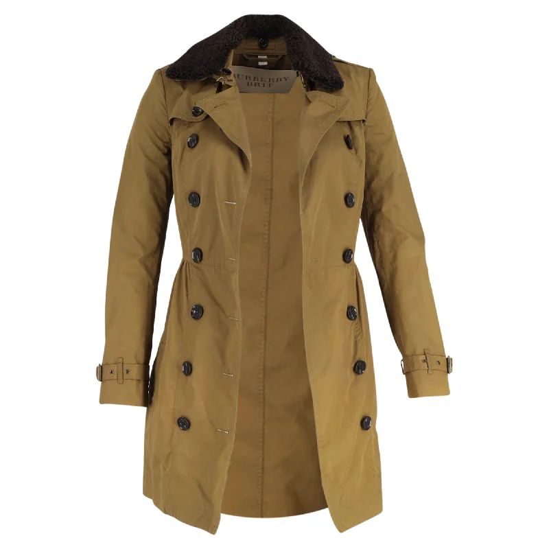 women's hooded coats -Burberry Brit Long Shearling Collar Trench Coat in Olive Cotton