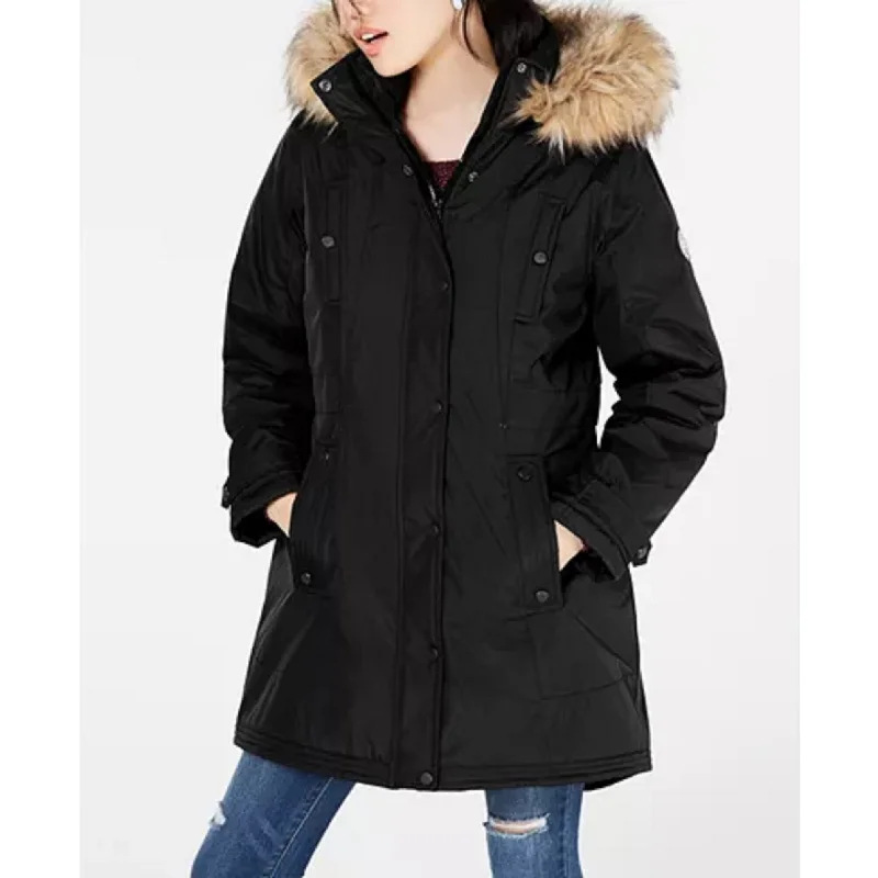 elegant capes for women -Madden Girl Juniors' Hooded Faux-Fur-Trim Parka Black Size Small