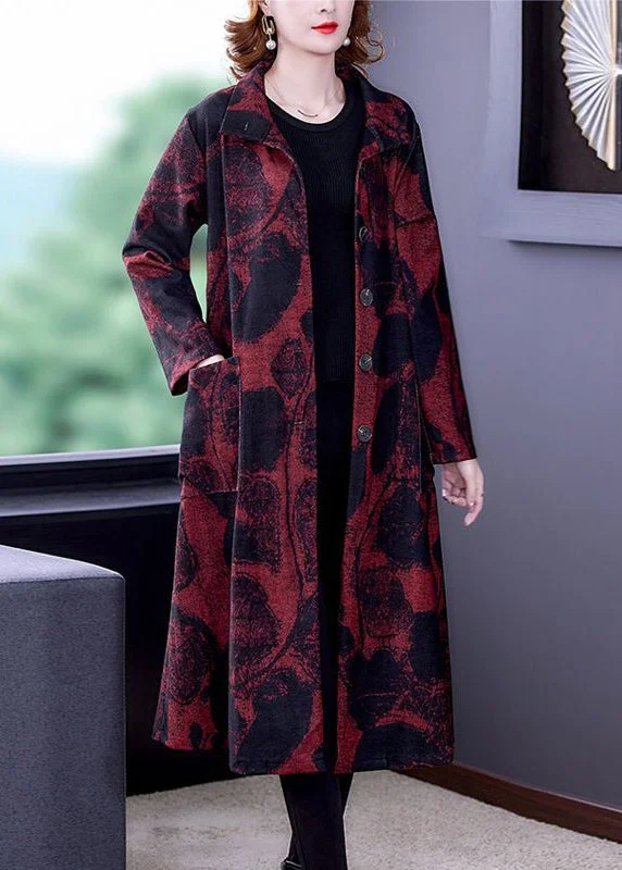 stylish waterfall coats for women -Red Button Pockets Patchwork Cotton Long Trench Coat Stand Collar Long Sleeve