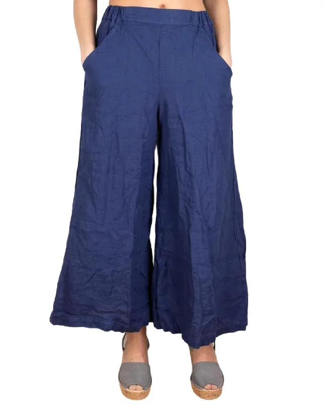 women's flared pants -Wendy Cropped Linen Pant In Marine