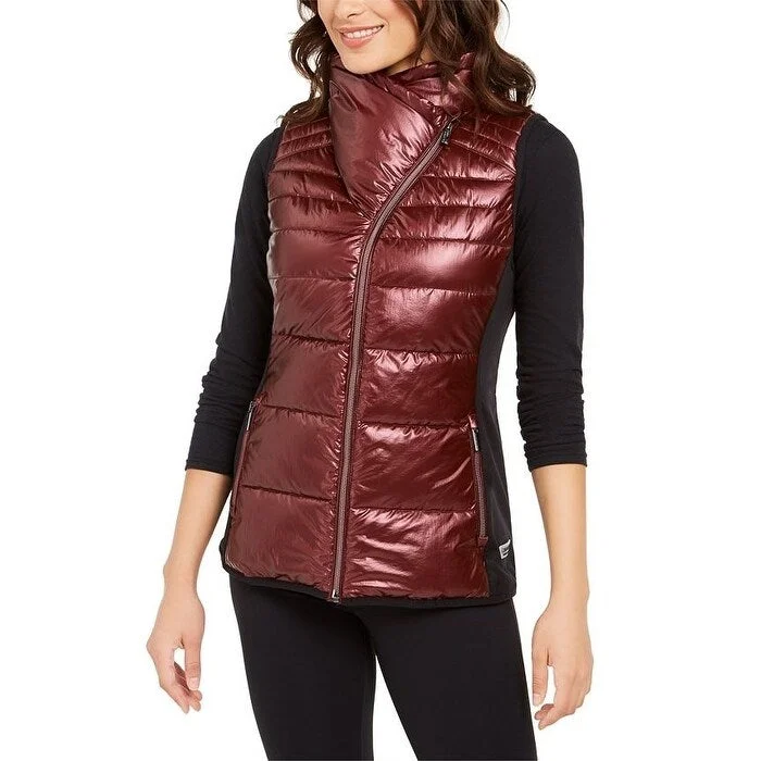 business casual coats for women -Calvin Klein Women's Performance Metallic Funnel-Neck Puffer Vest Medium Red Size Extra Small - XS