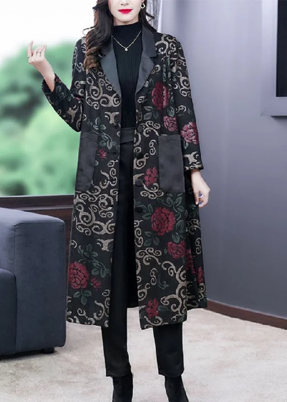 thick fleece coats for women -French Black Peter Pan Collar Patchwork Pockets Print Trench Coat Fall