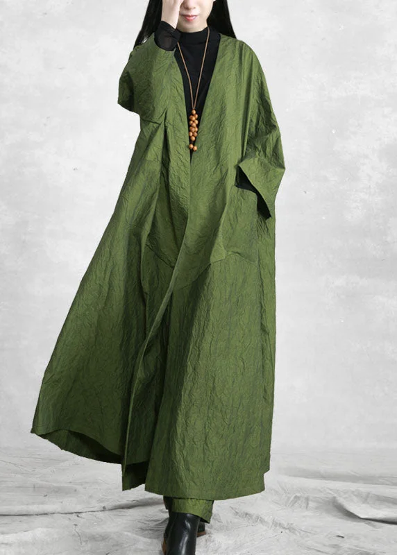 elegant capes for women -Fashion Green V Neck Pockets Trench Coats And Wide Leg Pants Two Pieces Set Spring