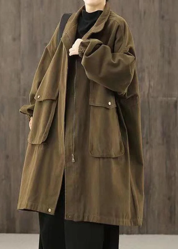 minimalist coats for women -Handmade Coffee Casual zippered Pockets Patchwork Fall trench coats