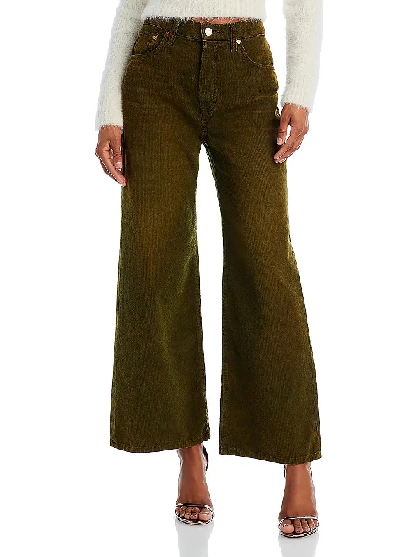 women's relaxed fit pants -Womens Corduroy High Rise Cropped Jeans