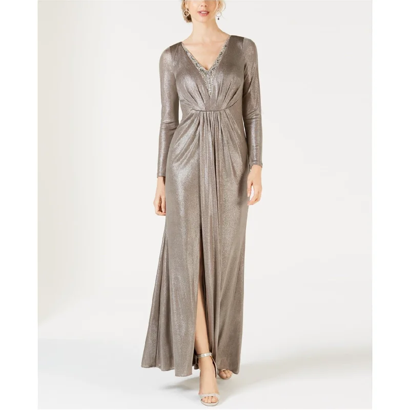 women's tunic dresses -Adrianna Papell Womens Embellished Gown Dress, Metallic, 2