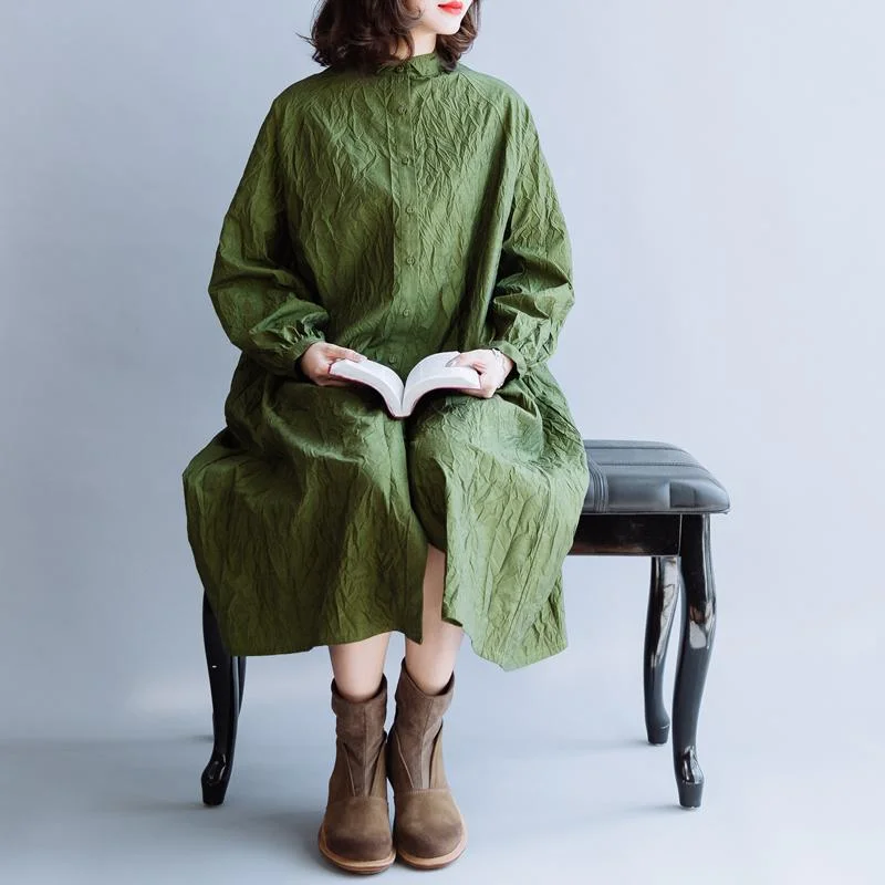 casual shift dresses for women -Bark Texture Avocado Green Cotton Dress