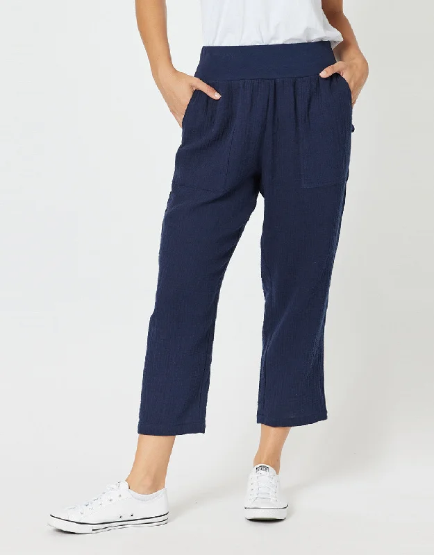 non-slip workout pants for women -Byron Cotton 7/8 Pant - Navy