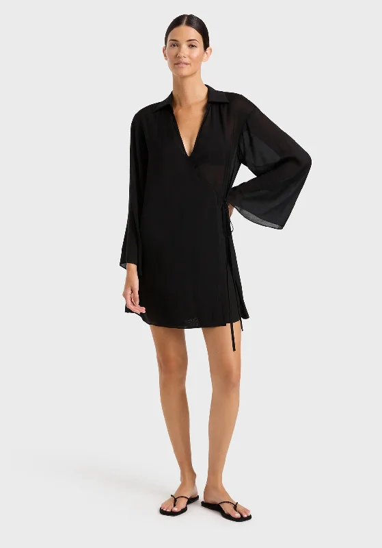 satin dresses for women -CREMONA WRAP MINI COVERUP BLACK