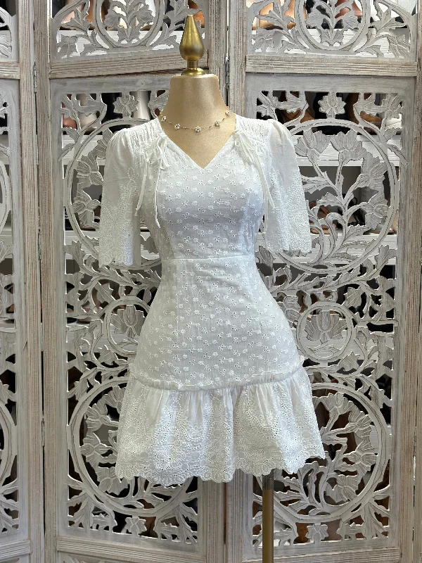 boho style dresses for women -Eyelet Short Sleeve Dress- Not Stretchy