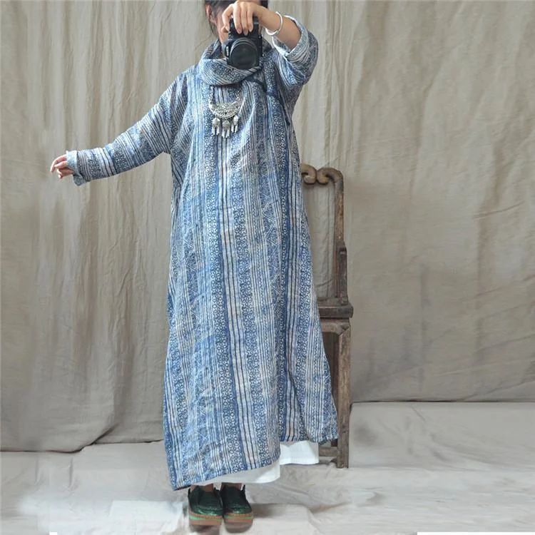 cotton dresses for women -Chinese Style Autumn Printed Linen Loose Dress