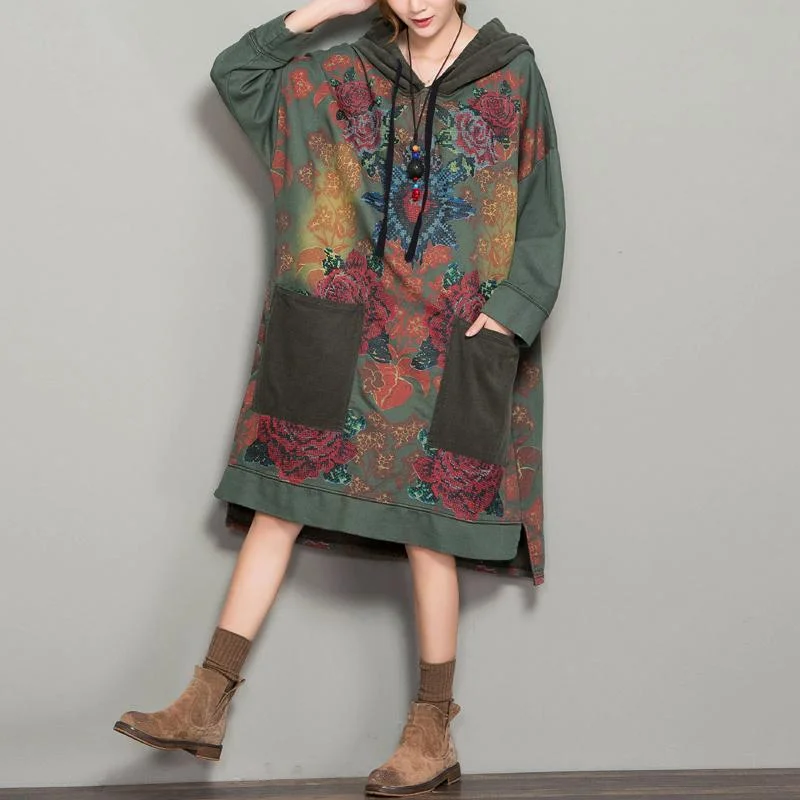 floral print dresses for women -Green Loose Printed Hooded Sweater Dress