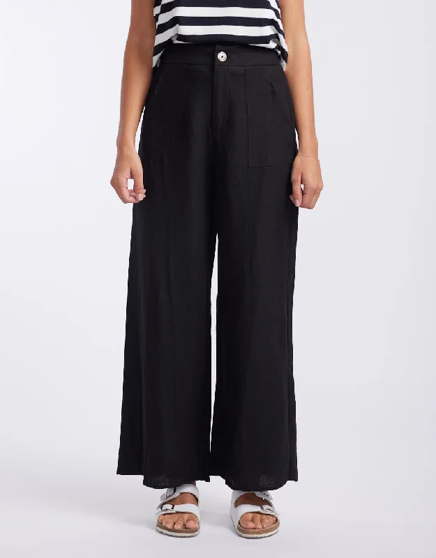 drawstring pants for women -Jude Wide Leg Linen Pants - Black