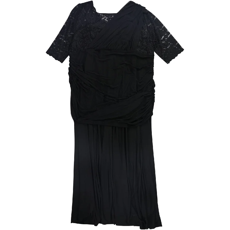 draped chiffon dresses for women -Kiyonna Womens Lace Ruched Asymmetrical Gown Dress, Black, 5X