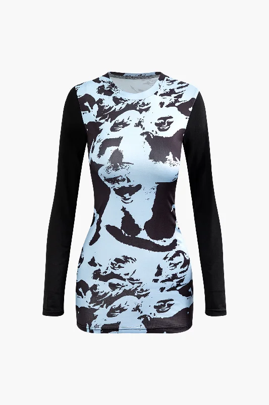 little black dresses for women -Printed Round Neck Long Sleeve Mini Dress