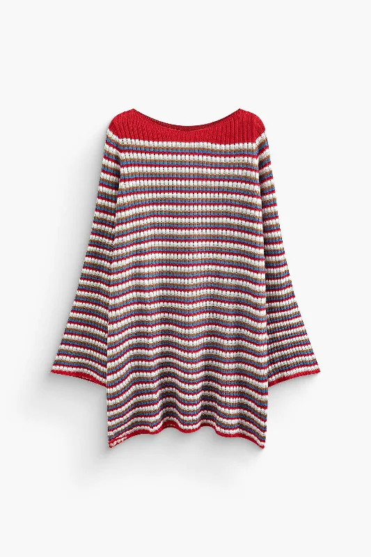 plus size dresses for women -Striped Round Neck Pullover Sweater Mini Dress