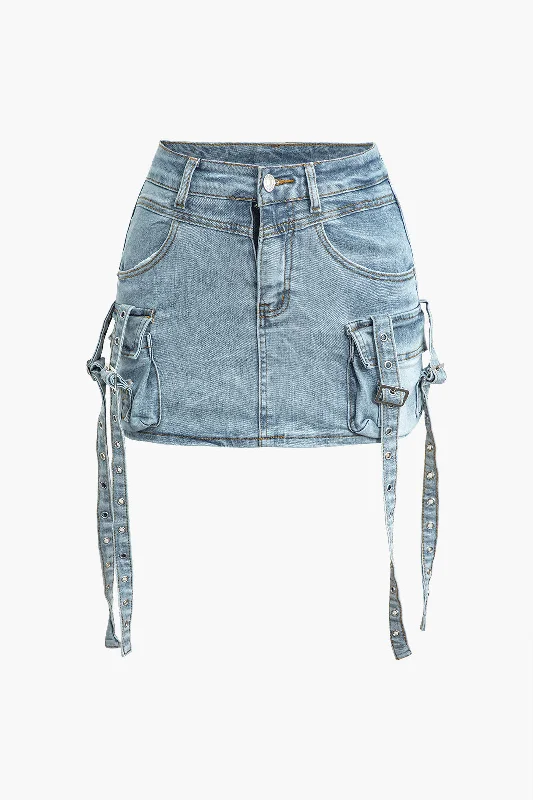 loose fit dresses for women -Faded Tie Flap Pocket Denim Mini Skirt