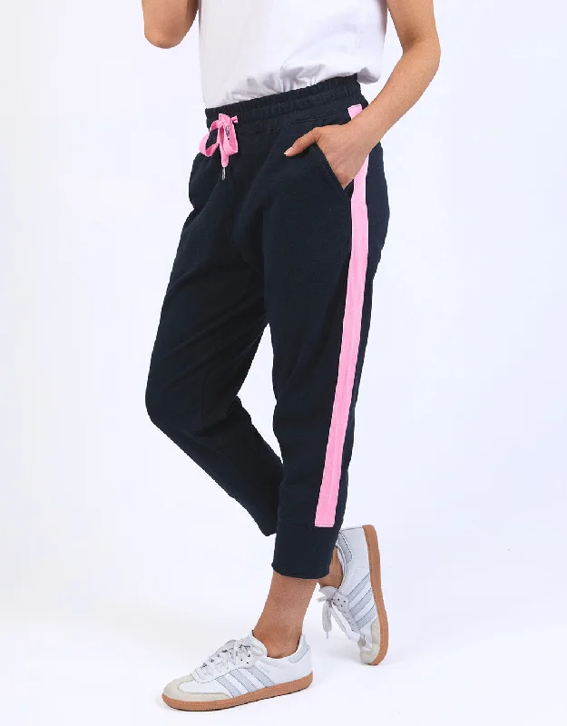 drawstring pants for women -Neon Side Tape 3/4 Brunch Pants  - Navy/Neon Pink