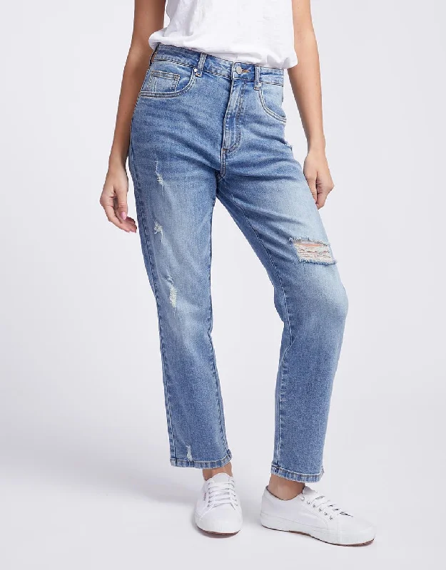 ruched pants for women -Noelle Straight Leg Jean - Distressed Blue