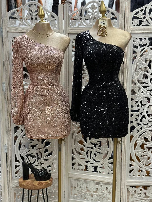 mermaid style dresses for women -One Sleeve Sequin Mini Dress