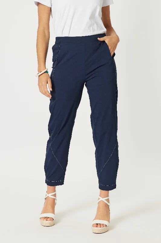 ruched pants for women -Parachute Stitch Detail Pants - Navy