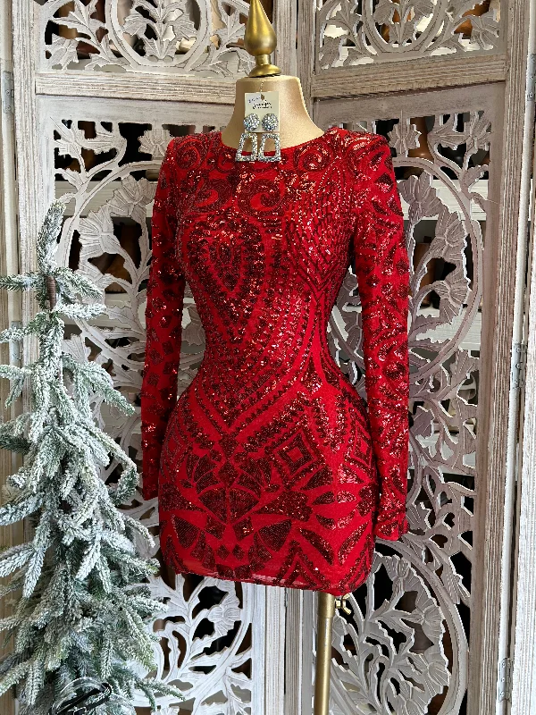 sleeveless maxi dresses for women -Red Sequin Pattern Mini Dress