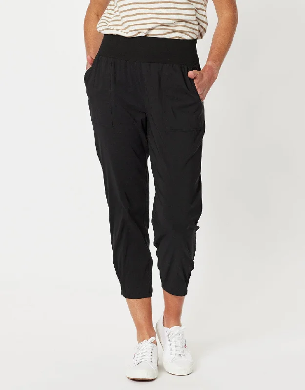 comfortable wide-leg pants -Sarah Rib Waist Linen Pants - Black