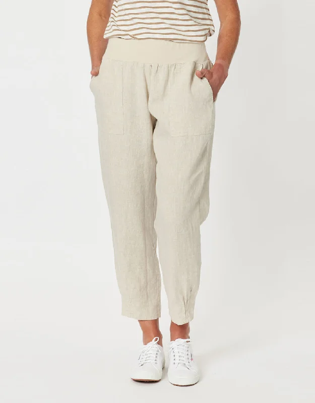 capri leggings for women -Sarah Rib Waist Linen Pants - Natural