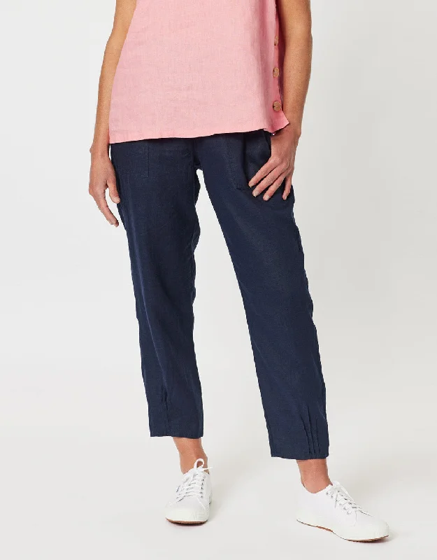 streetwear pants for women -Sarah Rib Waist Linen Pants - Navy