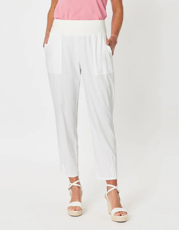 women's stretchable trousers -Sarah Rib Waist Linen Pants - White