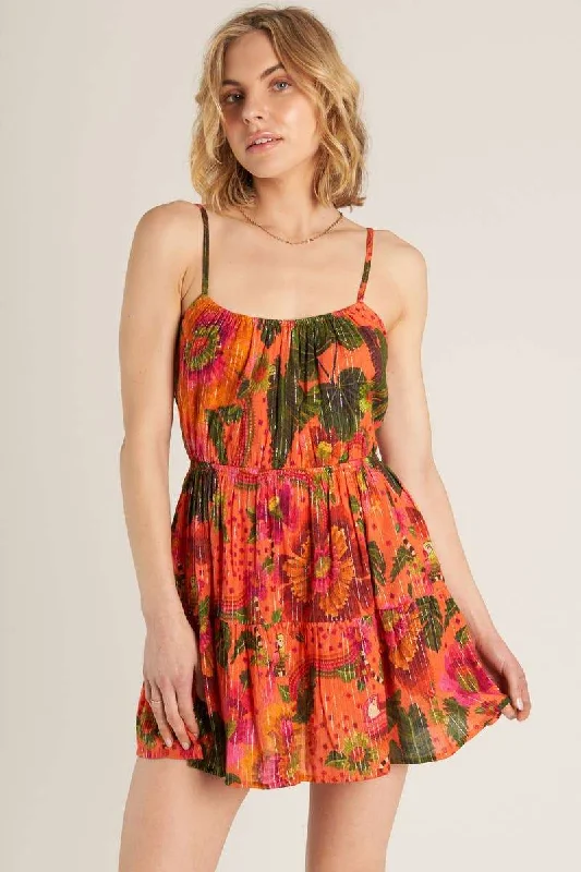 patterned dresses for women -Tropical Print Mini Dress with Lurex Stripes