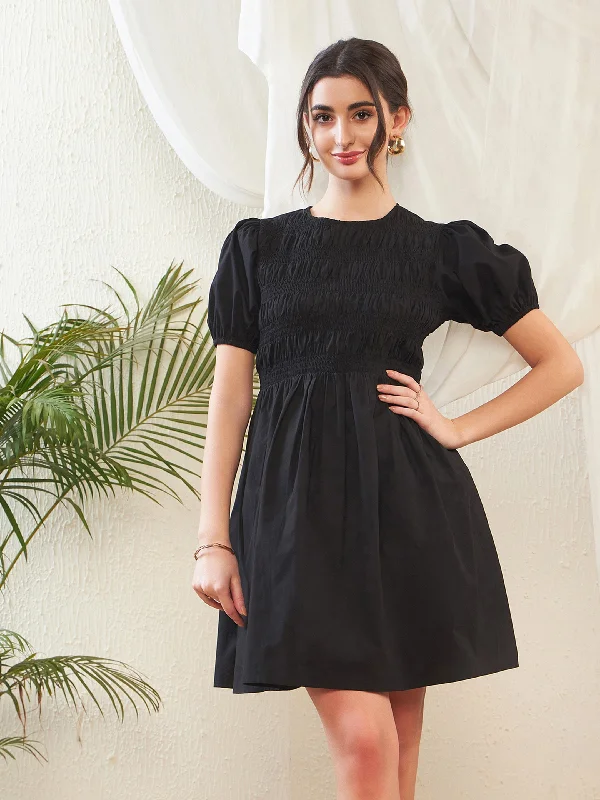 ruffle dresses for women -Women Black Poplin Smocked Gathered Dress