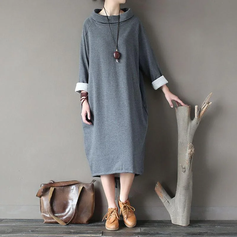 casual empire waist dresses for women -Women Loose Turtleneck Plush Cotton Dresses