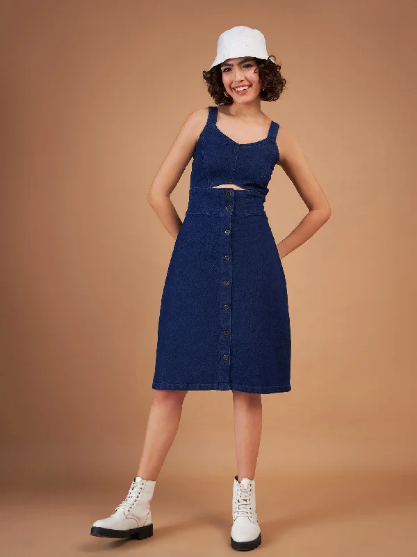 elegant silk dresses for women -Women Navy Denim Wash Strappy Dress