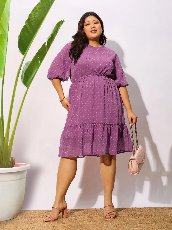 winter dresses for women -Women Purple Dobby Puff Sleeve Skater Dress