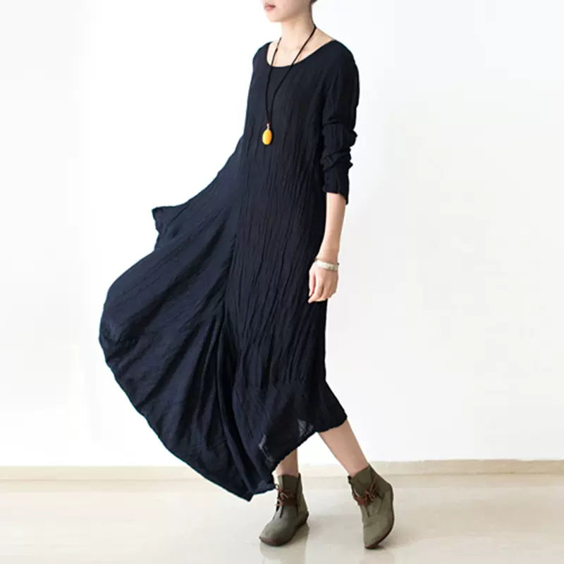 velvet dresses for women -Medium Sleeve Linen Vintage Asymmetrical Dress